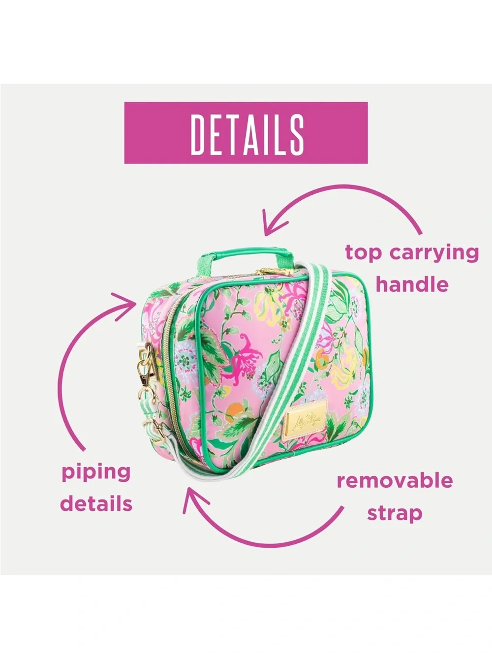 New Lilly Pulitzer Pink Floral Crossbody Bag Lunch Box with Green Striped Strap